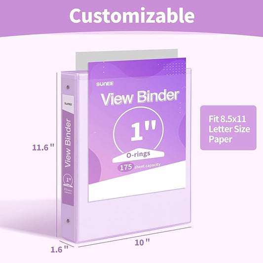 SUNEE 3 Ring Binder 1 Inch 1 Pack, Clear View Binder Three Ring PVC-Free (Fit 8.5x11 Inches) for School or Office Supplies, Purple