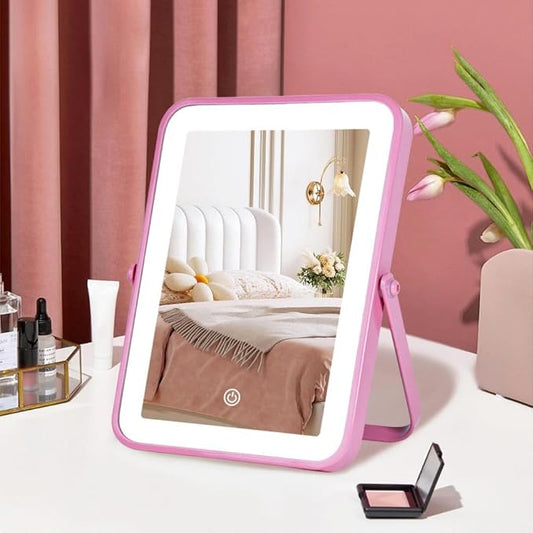 Pink Rechargeable Vanity Mirror with Lights, 10"×7" LED Makeup Mirror with Lights, Smart Touch Control Dimmable 3 Modes Light, Lighted Up Mirror for Makeup Desk, Bedroom, Dressing Room