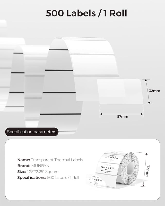 MUNBYN Clear Thermal Labels, 2.25 x 1.25 Inches, Printable Transparent Stickers for Small Businesses, DIY Logo Design, Multipurpose Waterproof Label Roll, 500 Labels/Roll