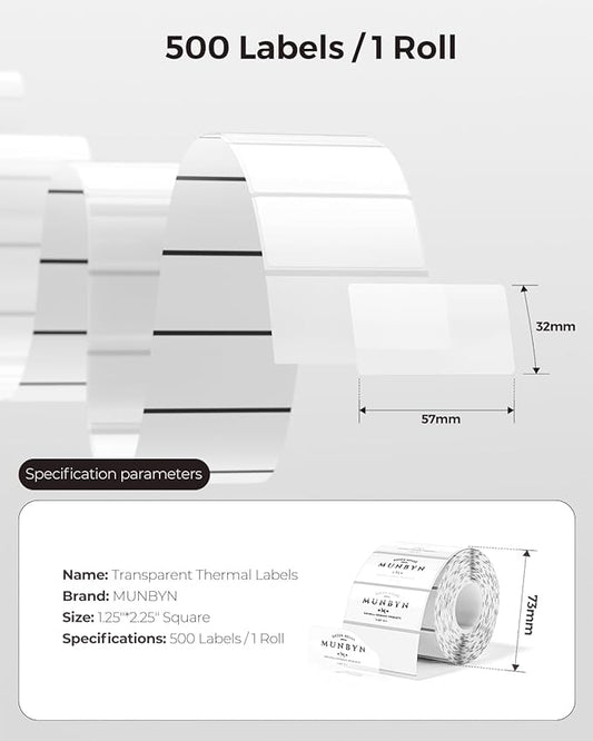 MUNBYN Clear Thermal Labels, 2.25 x 1.25 Inches, Printable Transparent Stickers for Small Businesses, DIY Logo Design, Multipurpose Waterproof Label Roll, 500 Labels/Roll