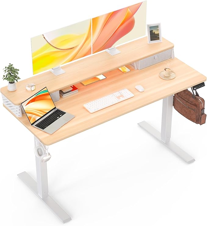 Standing Desk with Drawers and Brushless Motor,Electric Height Adjustable Desk for Walking Pad,Ergonomic Stand Up Desk for Home Office & Gaming,3 Memory Height Preset & Hooks(55" x 24",Oak)