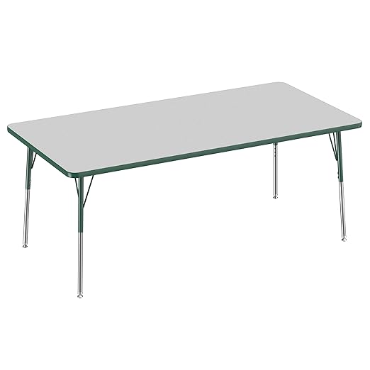 FDP Rectangle Activity School and Office Table (36 x 72 inch), Standard Legs with Swivel Glides, Adjustable Height 19-30 inches - Gray Top and Green Edge