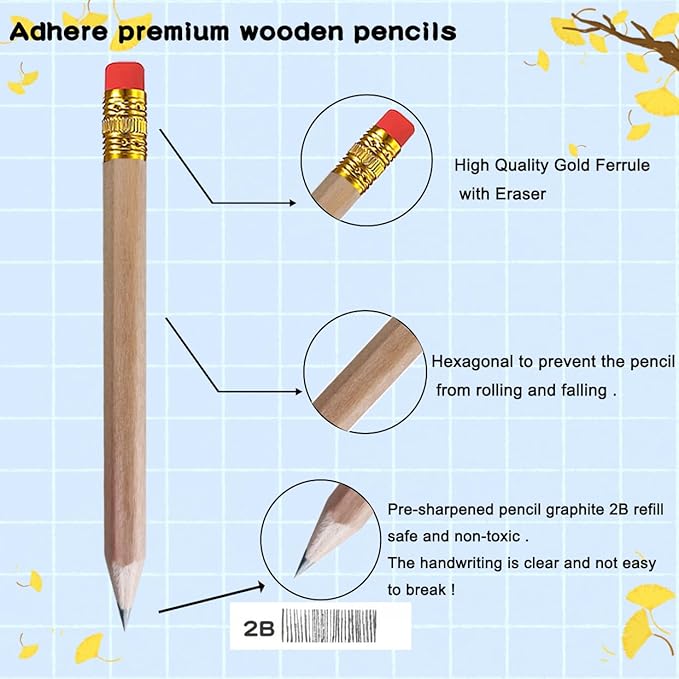 Adhere 50pcs Golf Pencils with Eraser Hexagon Wooden half Pencils Graphite 2B for Golf Event Scoring, Classroom, Wedding, Pew, Pocket | Free Pencil Sharpener (z-Nature・Hexagon・50pcs)