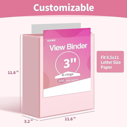 SUNEE 3 Ring Binder 3 Inch 1 Pack, Clear View Binder Three Ring PVC-Free (Fit 8.5x11 Inches) for School or Office Supplies, Pink