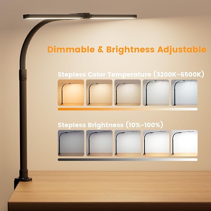 LED Desk Lamp for Home Office - 24W Computer Lamp with Remote Control, Dual Head Desk Light Bar with Clamp, 5 Color & Brightness Adjustable, Tall Flexible Task Monitor Lighting, Black