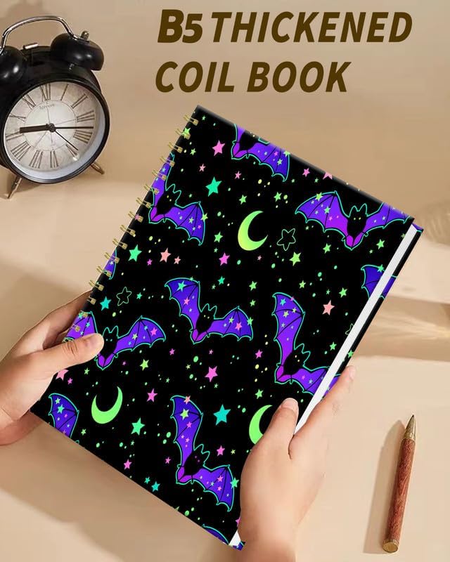 iampanda Spiral Journal Notebook,Strong Twin-Wire Binding with Premium Paper for Women,60 Sheets B5 College Ruled Notebook/Journal,Perfect for School Office Work,Purple Bats Star