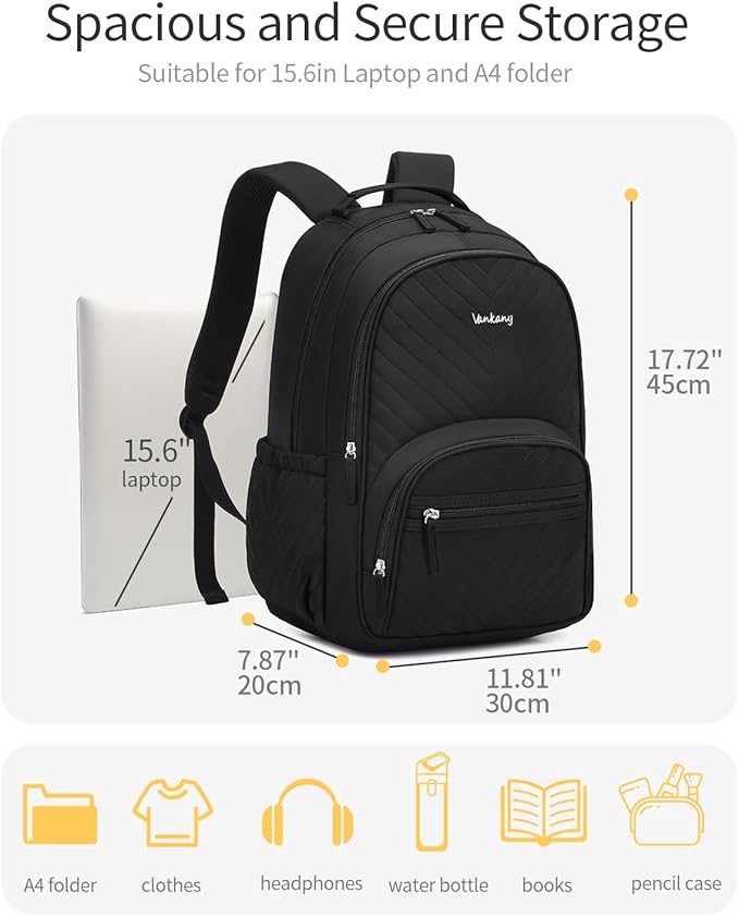 Backpack for Girls, Schoolbag for Middle School High School, 15.6in Laptop Backpack Bookbag for College Women Big Student Travel, Black