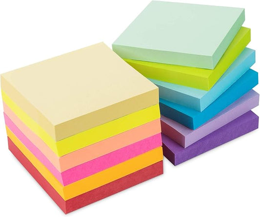 1200 Sheets Sticky Notes,3 x 3 Sticky Note Pads,12 Bright Colors Self-Stick Notes,76 x 76 mm Post Self Sticky Notes Pad, 75g/㎡ Strong Adhesive Memo Pads for Home School Office (12 Pads)