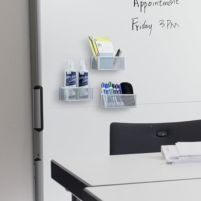 MyGift White Wire Mesh Magnetic Storage Baskets, Whiteboard Accessories, Classroom and Office Supply Organizer, Set of 3