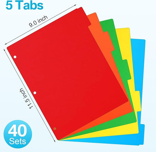 Thenshop 200 Pieces 3 Ring Binder Dividers with Tabs Bulk 40 Sets 5 Tab Dividers for 3 Ring Binders Letter Size(Mix Color)