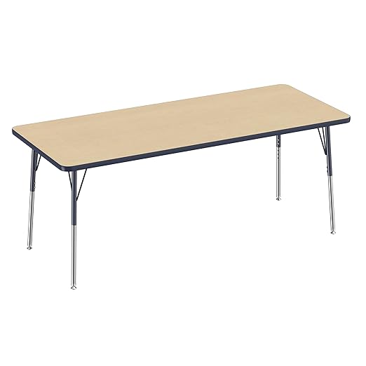FDP Rectangle Activity School and Office Table (30 x 72 inch), Standard Legs with Swivel Glides, Adjustable Height 19-30 inches - Maple Top and Navy Edge