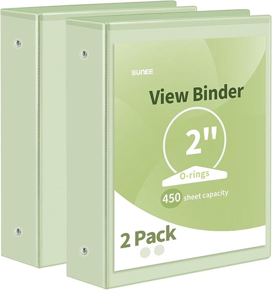 SUNEE 3 Ring Binder 2 Inch 2 Pack, Clear View Three Ring PVC-Free (Fit 8.5x11 Inches) for School or Office Supplies, Sage Green