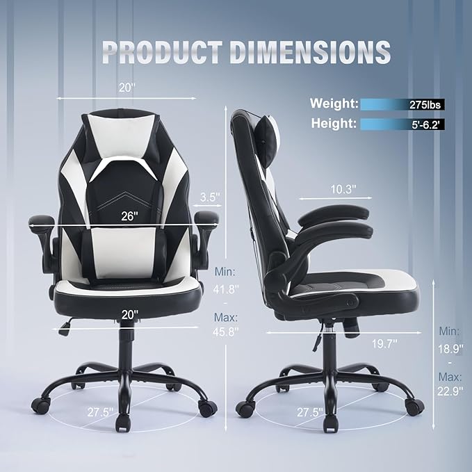 DUMOS Ergonomic Gaming Office Desk Chair with Flip-up Armrests for Adults, Height Adjustable PU Leather Video Game Computer Chair with 360° Rolling Wheels for Home and Office, Black White