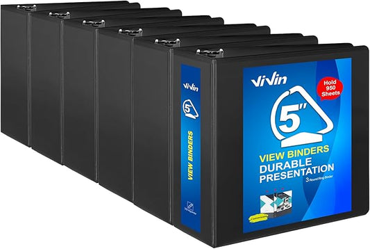 ViVin Durable 5 inch D Ring View Binder, Large 5" Slant-D Ring with 950-Sheet Capacity, Fit 8.5" x 11" Paper, 6 Pack(Black)
