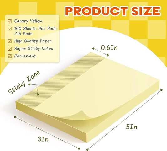 16 Pads Large Sticky Notes Yellow, 3 x 5 Inch Self-Stick Note Pads, 100 Sheets/Pad, Super Sticking Power, Clean Removal, Recyclable Memo Pads for Office, School, Home, and Meetings