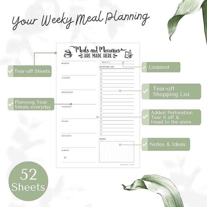 52 Tear-off Sheets Meal Planning Notepad | Magnetic Meal Planning Pad for Fridge 6x9 Inch | Notebook for Meal Planner and Grocery List with Magnet | Weekly Meal Planner for kitchen with Tear Off