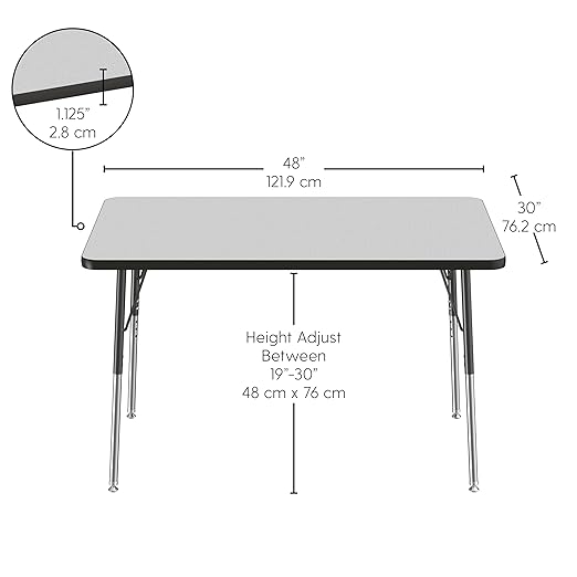 FDP Rectangle Activity School and Office Table (30 x 48 inch), Standard Legs with Swivel Glides, Adjustable Height 19-30 inches - Gray Top and Black Edge