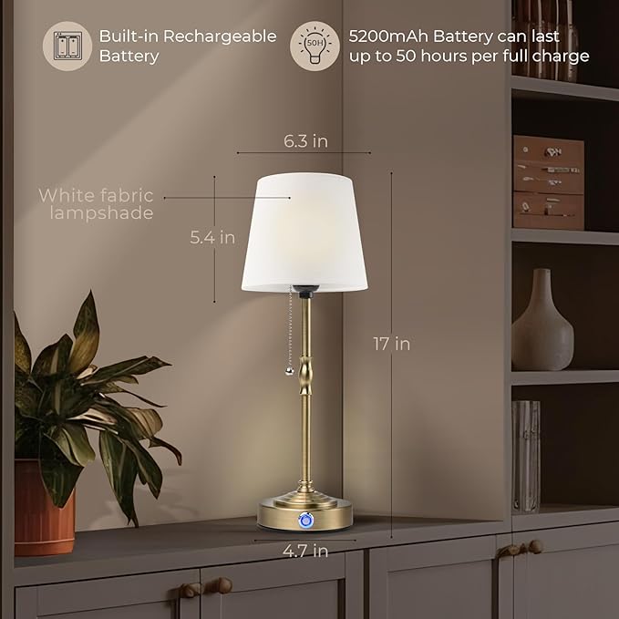 Rechargeable Cordless Table Lamp: Battery Powered Lamp,3 Level Brightness - Bedside Night Lamp, Ambient Light for Restaurant, Home, Bedroom, Dining Room, Camping, Cafe(Brass)
