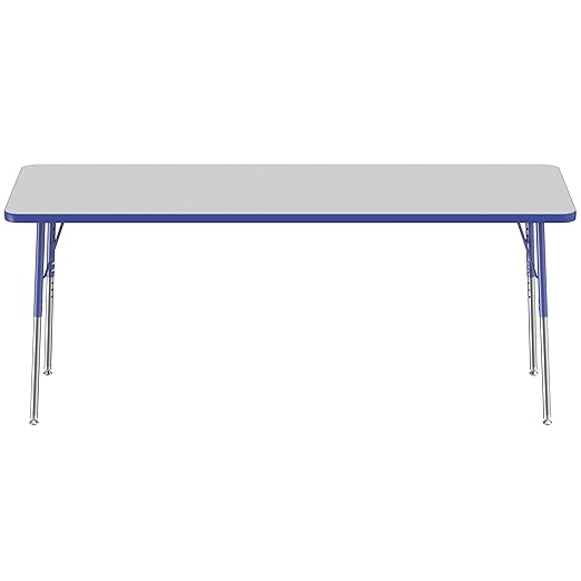 FDP Rectangle Activity School and Office Table (24 x 72 inch), Standard Legs with Swivel Glides, Adjustable Height 19-30 inches - Gray Top and Blue Edge