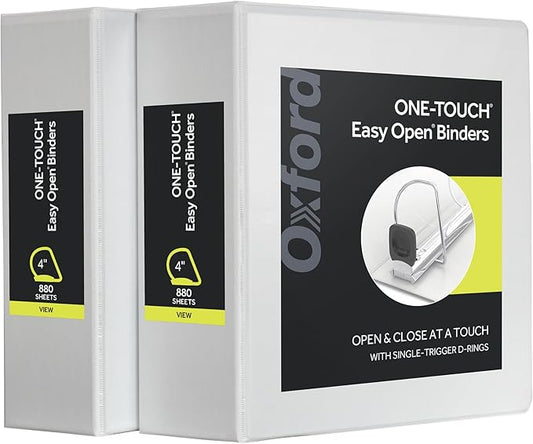 Oxford 3 Ring Binders, Durable Binders for School and Office, 4 Inch, ONE-Touch Easy Open D Rings, View Binder Covers, 4 Interior Pockets, PVC-Free, Holds 880 Sheets, White, 2 Pack (79921)