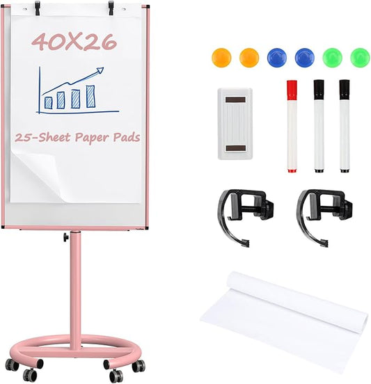 White Board on Wheels, 40x26 Inches Standing Dry Erase Board, Portable Whiteboard with Stand, Magnetic Mobile Whiteboard for Classroom, School, Office, Home, Teacher, with Flip Chart Paper
