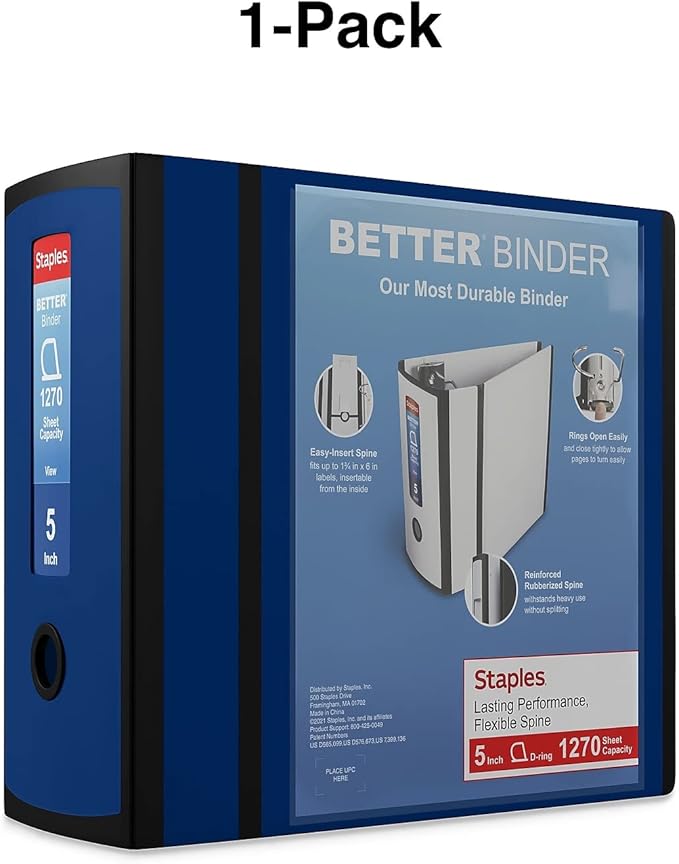Staples Better Binder Heavy-Duty View, Blue, 1000-Sheet Capacity, 5" (Ring Diameter)
