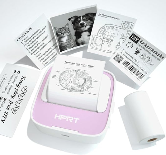 HPRT Mini Printer Sticker Maker with 1 Rolls Paper, Bluetooth Portable Thermal Printer, Study Printer for Pictures, Study Notes, Kid's DIY Creation, Memo, List,Compatible with Phone, Pink
