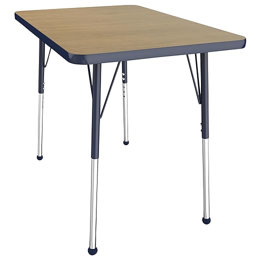 FDP Rectangle (24 x 36 inch) Classroom Table with Adjustable Standard Ball Glide Legs (19-30 in); School and Office Furniture - Pasadena Oak Top/Navy Edge and Legs