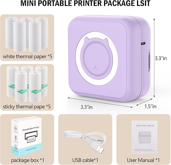 Mini Photo Printer - Portable Pocket Sticker Printers for iPhone Thermal Printer with 10 Rolls Thermal Paper for Photo, Memo, Journal - Purple