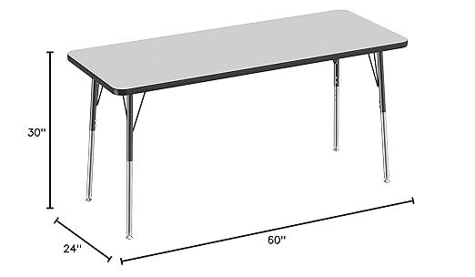 FDP Rectangle Activity School and Office Table (24 x 60 inch), Standard Legs with Swivel Glides, Adjustable Height 19-30 inches - Gray Top and Black Edge
