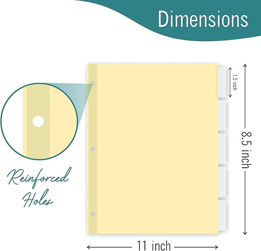 5-Tab Binder Dividers for 3 Ring Binder, Insertable Clear Big Tabs, Letter Size Paper Divider, 8.5 x 11 inch, 3 Sets (15 Dividers Total)