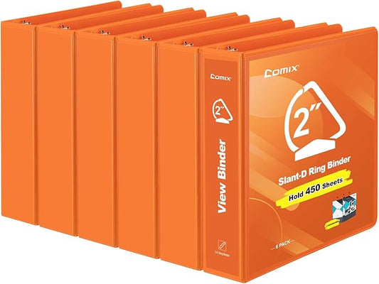 COMIX Sturdy 3 Ring Binder 2 inch with Clear View Cover, 2" Slant-D Ring View Binder Holds 500 Sheets of US Letter Size Paper, 6 Pack (Orange)
