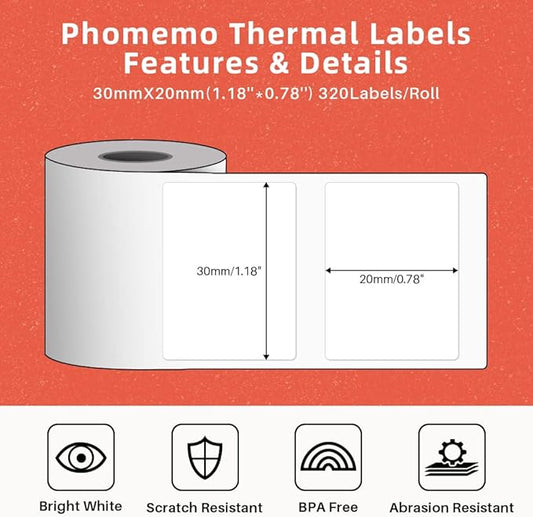 960 pcs Thermal Sticker Barcode Label Paper, Phomemo Multi-Purpose Self-Adhesive Tag for M110/M220/M108/M250/M260/M120/M150 Label Maker Machine, 1.18'' x 0.78"(30X 20mm),320 Pcs/Roll, Black on White