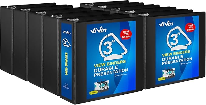ViVin Durable 3 inch D Ring View Binder, Large 3" Slant-D Ring with 725-Sheet Capacity, Fit 8.5" x 11" Paper, 10 Pack(Black)