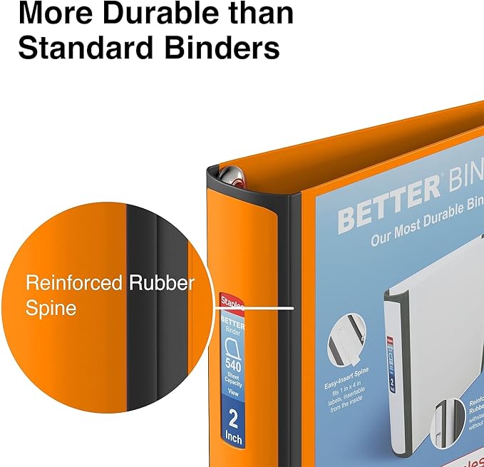 STAPLES 2"" 3-Ring Better Binder, Bright Orange (13469)"
