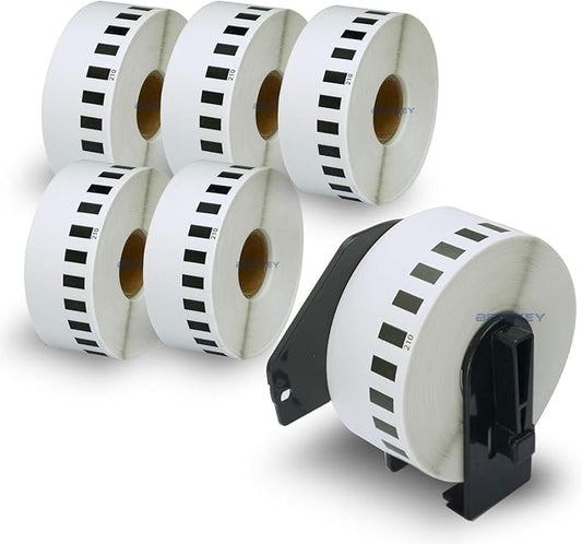BETCKEY - Compatible Continuous Labels Replacement for Brother DK-2210 (1.1 in x 100 ft), Use with Brother QL Label Printers [6 Rolls + 1 Reusable Cartridge]