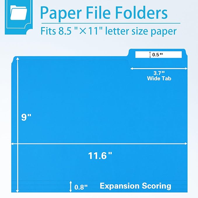 File Folder, RAZCC 100 Pack 1/3 Cut Tab Colored File Folders, File Folder Letter Size for Office Classroom Use, Assorted 5 Colors Folders with Tabs