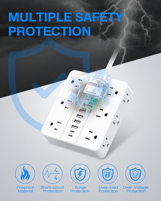Extension Cord 25 Ft, HUNIAN Flat Plug Power Strip Surge Protector, 12 Widely Spaced Outlets with 6 USB Charger (2 USB C Ports), Desk Charging Station for Home Office Supplies, Dorm Room, White