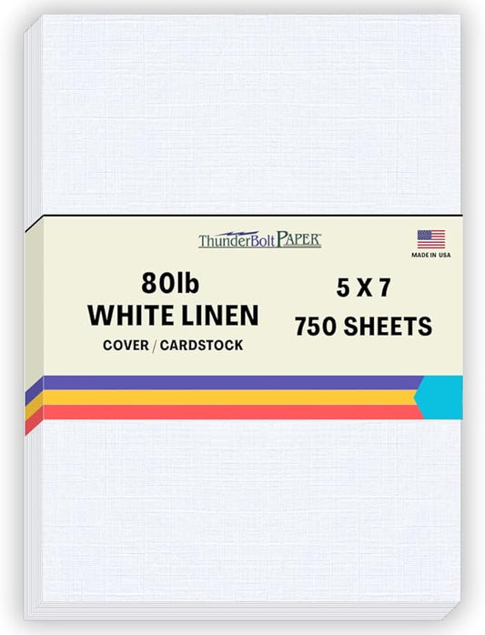 750 Bright White Linen 80# Cover Paper Sheets - 5" X 7" (5X7 Inches) Photo|Card|Frame Size - 80 lb/pound Card Weight - Fine Linen Textured Finish - Quality Cardstock