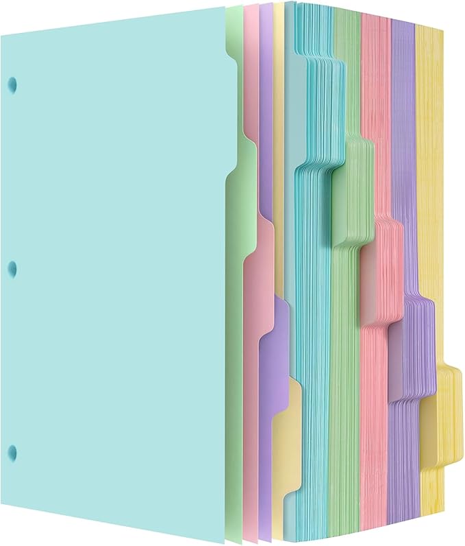 Dynta Binder Dividers with 5 Tabs Bulk 250 Packs (50 Sets) Colorful 8.5x11 Inches for 3 Ring Binder, Letter Size, 5 Colors Durable Paper 3 Hole Punch Index Divider for Students, Kids, Women
