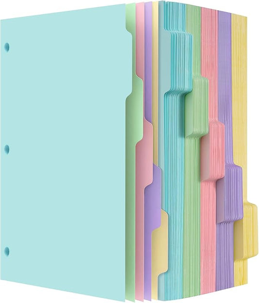 Dynta Binder Dividers with 5 Tabs Bulk 250 Packs (50 Sets) Colorful 8.5x11 Inches for 3 Ring Binder, Letter Size, 5 Colors Durable Paper 3 Hole Punch Index Divider for Students, Kids, Women