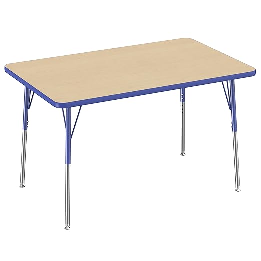 Factory Direct Partners FDP Rectangle Activity School and Office Table (30 x 48 inch), Standard Legs with Swivel Glides, Adjustable Height 19-30 inches - Maple Top and Blue Edge