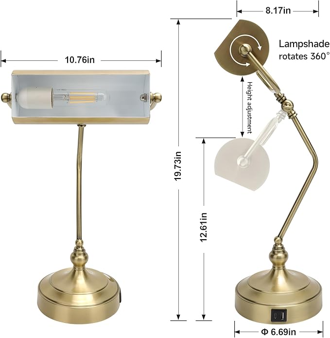 CONCA Classic Antique Touch Adjustable Desk Lamp, Banker Lamp, Piano Lamp, Eye Protection Table Lamp with Output Charging Port (LED Bulb Included in Package) (Bronze)