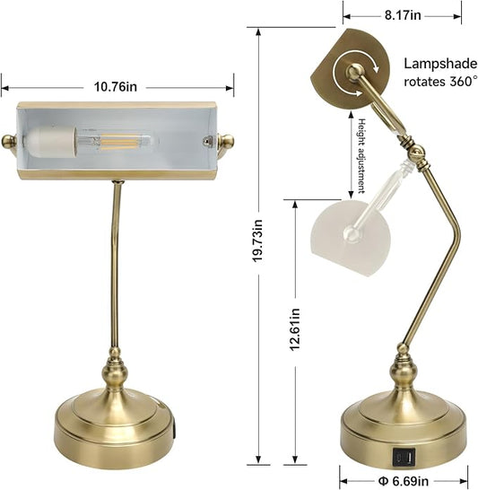 CONCA Classic Antique Touch Adjustable Desk Lamp, Banker Lamp, Piano Lamp, Eye Protection Table Lamp with Output Charging Port (LED Bulb Included in Package) (Bronze)
