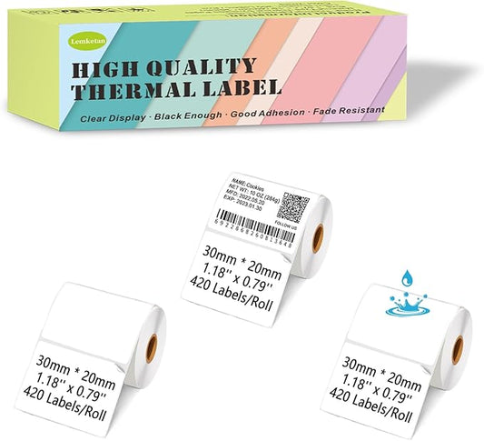 [420 Labels/Roll x 3] 30mm x 20mm Thermal Labels, 1.18''x0.79'' Label Maker Tape Refill, Weatherproof & Tear-Resistant Thermal Stickers Compatible for Phomemo M110, Supvan T50M Pro (White)