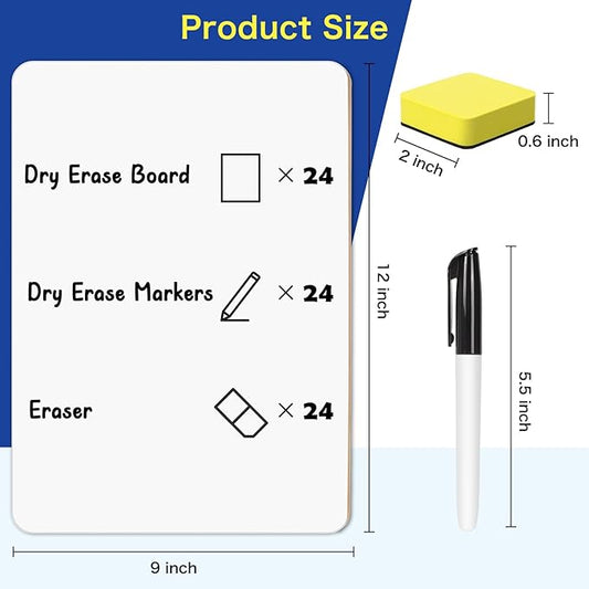 BainGesk Small White Board, 24 Pack Dry Erase Board, 9"×12" Mini White Board Double Sided for Students, Whiteboard Bulk with 24 Markers, 24 Erasers, Office Supplies, Classroom Must Haves