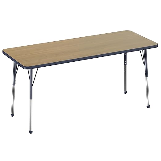 FDP Rectangle (24 x 60 inch) Classroom Table with Adjustable Standard Ball Glide Legs (19-30 in); School and Office Furniture - Pasadena Oak Top/Navy Edge and Legs