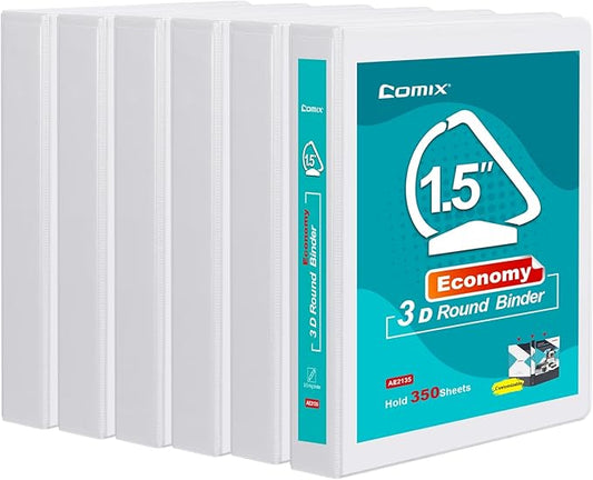 COMIX 3 Ring Binder,1.5 inch Slant-D Clear View Cover with Pockets, Holds 350 Sheets of US Letter Size Paper, White Binder for School Office and Home, 6 Pack