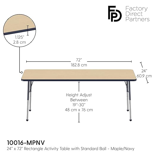 Factory Direct Partners FDP Rectangle Activity School and Office Table (24 x 72 inch), Standard Legs with Ball Glides, Adjustable Height 19-30 inches - Maple Top and Navy Edge