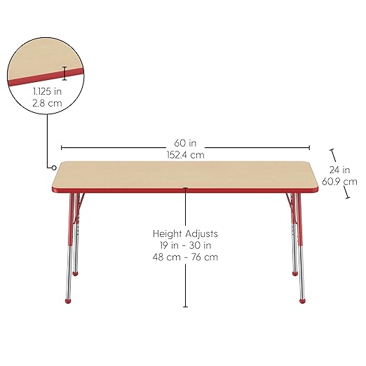 Factory Direct Partners FDP Rectangle Activity School and Office Table (24 x 60 inch), Standard Legs with Ball Glides, Adjustable Height 19-30 inches - Maple Top and Red Edge